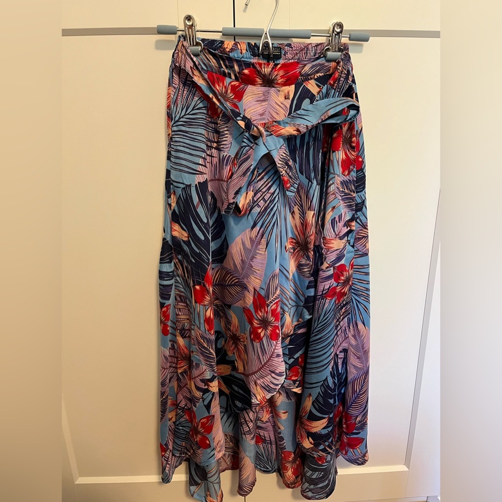 Tropical Floral Midi Skirt with Tie Waist